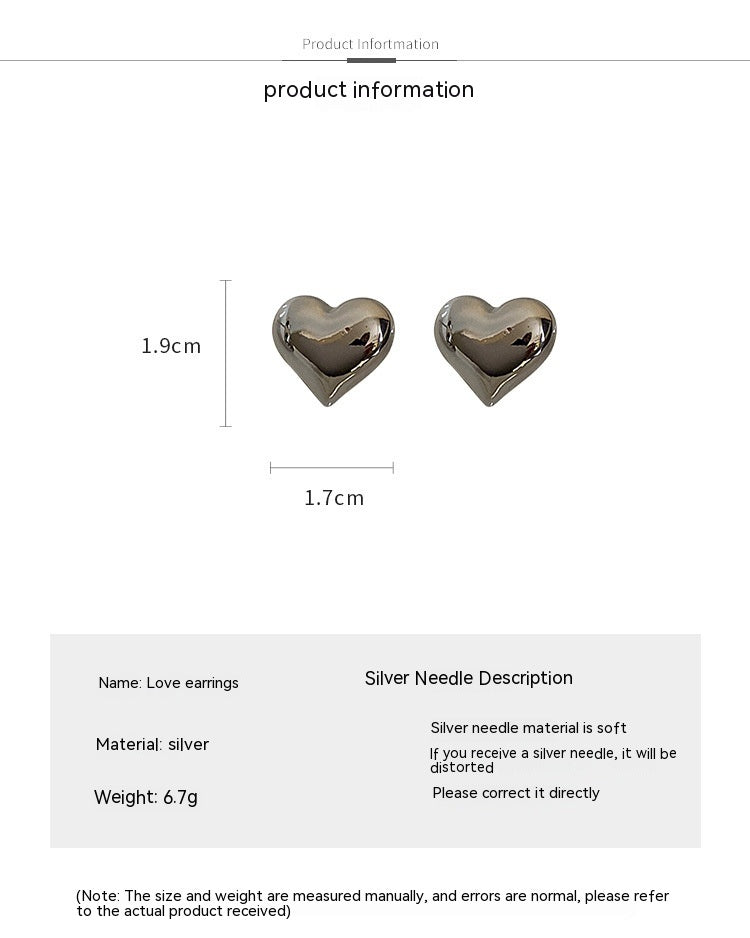 Simple Metal Special-interest Design Three-dimensional Heart-shaped Earrings